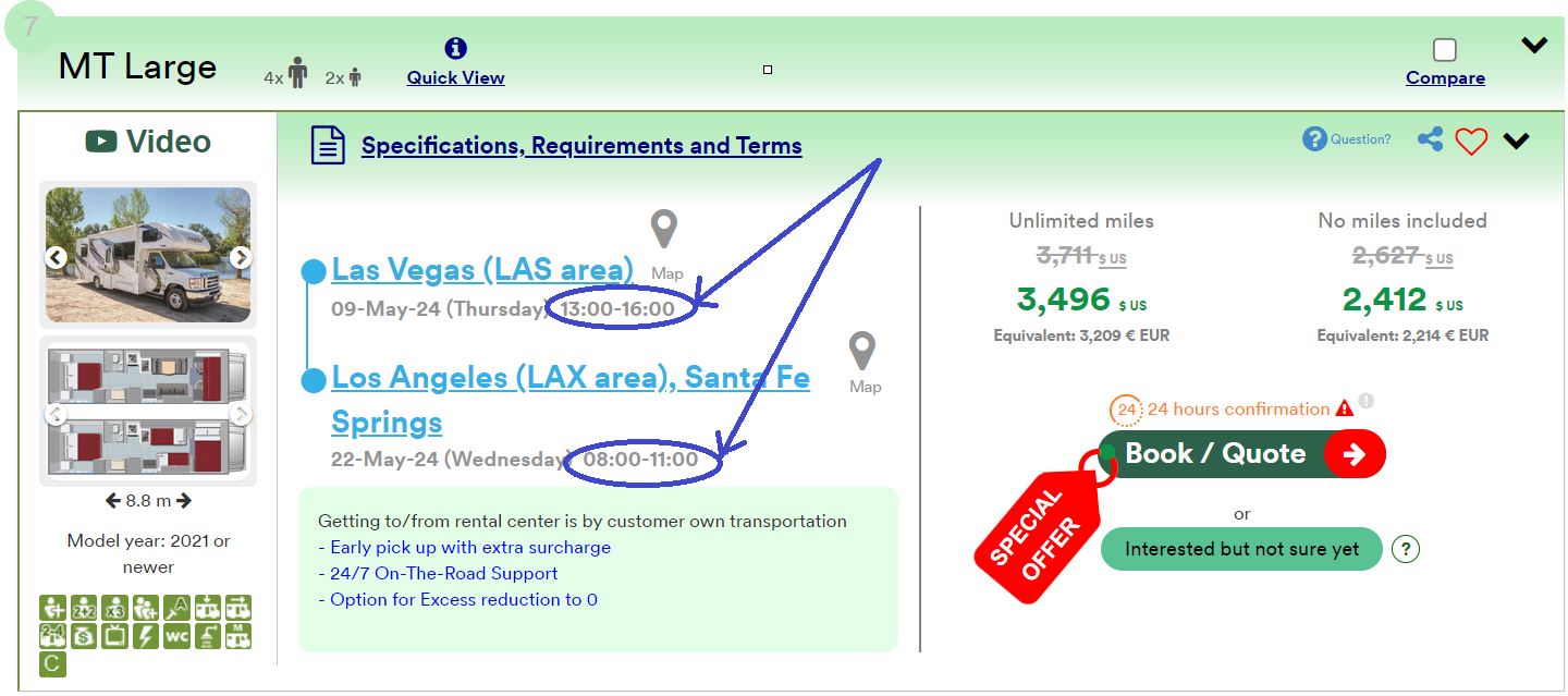 Motorhome rental in the US  time frame of pickup and drop-off